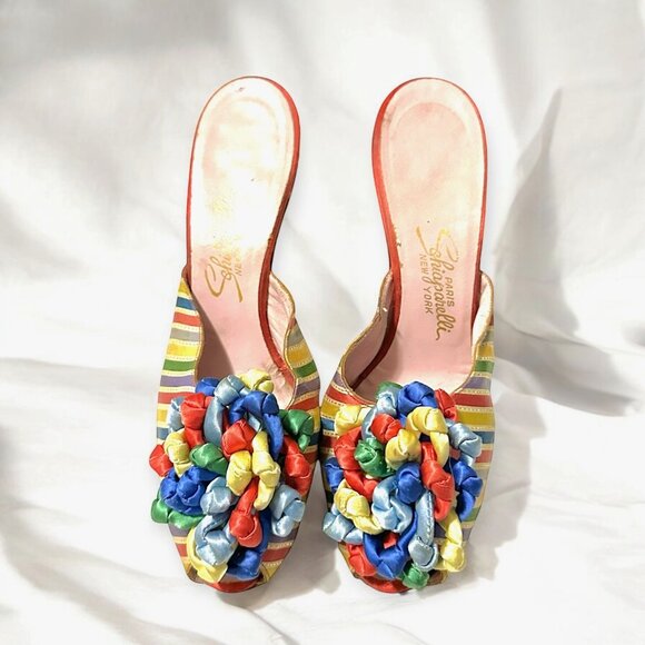 Vintage Schiaparelli Rainbow Satin Heels –1950s 60s Mules with Ribbon Rosette, - Picture 4 of 16